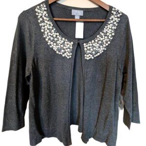 NWT Jana Women's Gray Cardigan with Beads and Pearls Accent